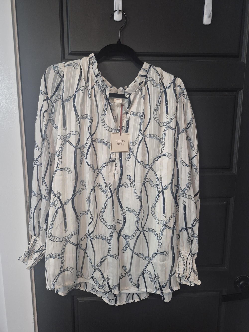 Autres Filles White & Navy Chain-Print Long-Sleeve Blouse